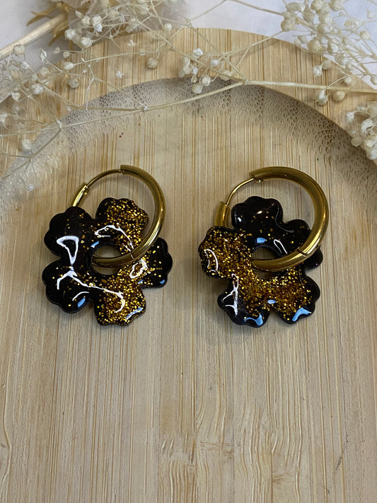 Pampilles fleurs 25mm noir paillettes or