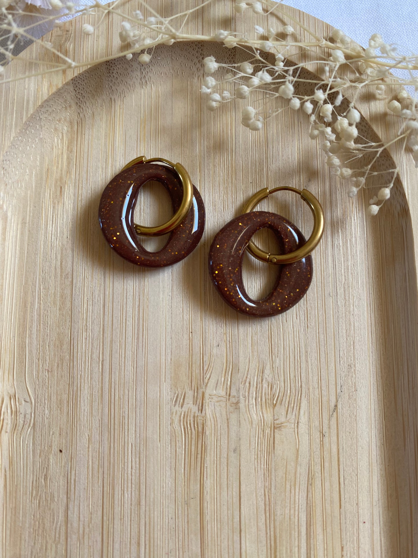 Pampilles rondes 20mm marron paillettes doré