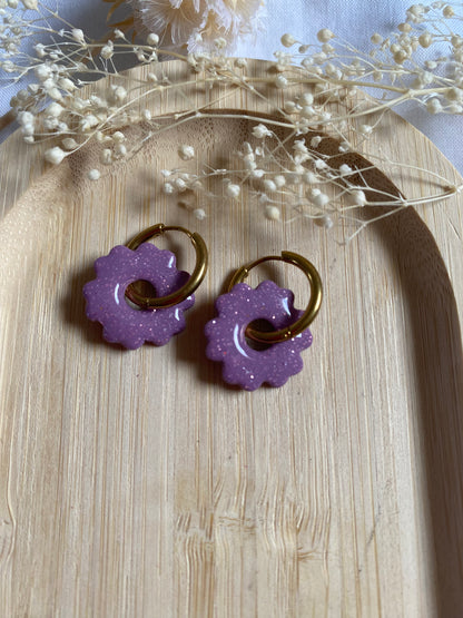 Pampilles mini fleurs 17mm Mauve paillettes or
