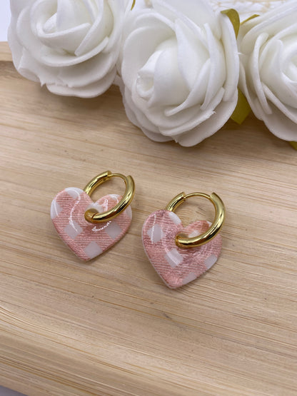 Pampilles coeur blanc motif carreaux rose gold