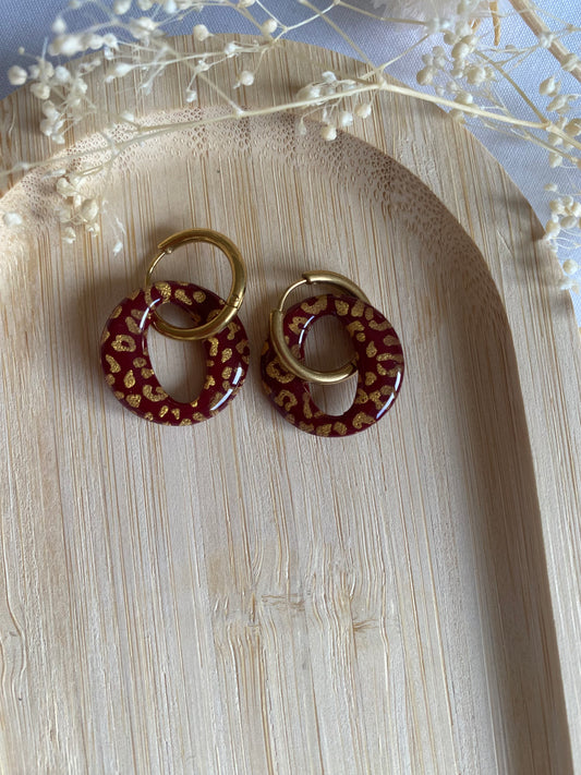 Pampilles rondes 20mm bordeaux léopard or