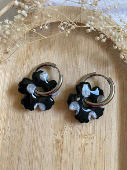 Pampilles fleurs noir pois argent