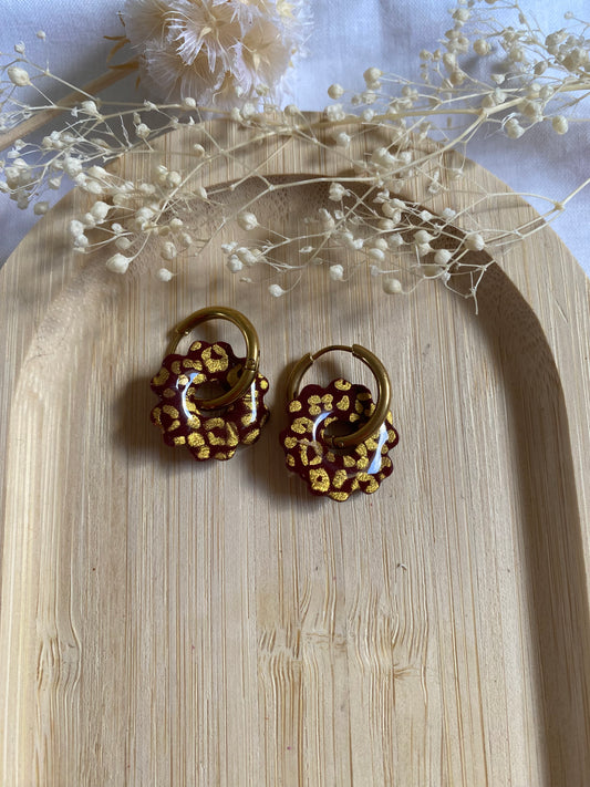 Pampilles mini fleurs 17mm bordeaux leopard or