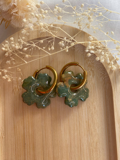 Pampilles fleurs 25mm vert or bronze