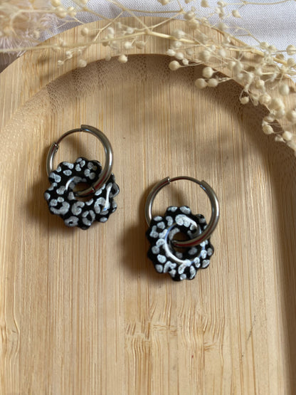 Pampilles mini fleurs 17mm noir leopard argent