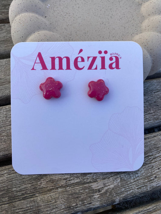 Puces d’oreilles fleurs rose à paillettes