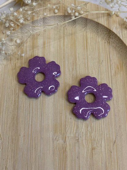Pampilles fleurs 25mm mauve paillettes or