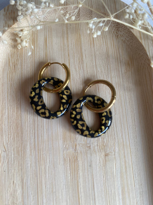 Pampilles rondes 20mm noir léopard or