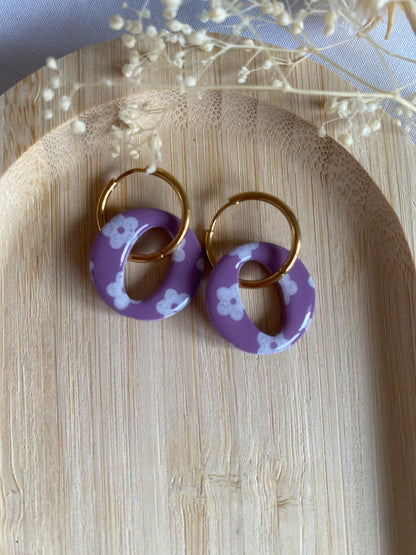 Pampilles rondes 20mm mauve fleurs blanches