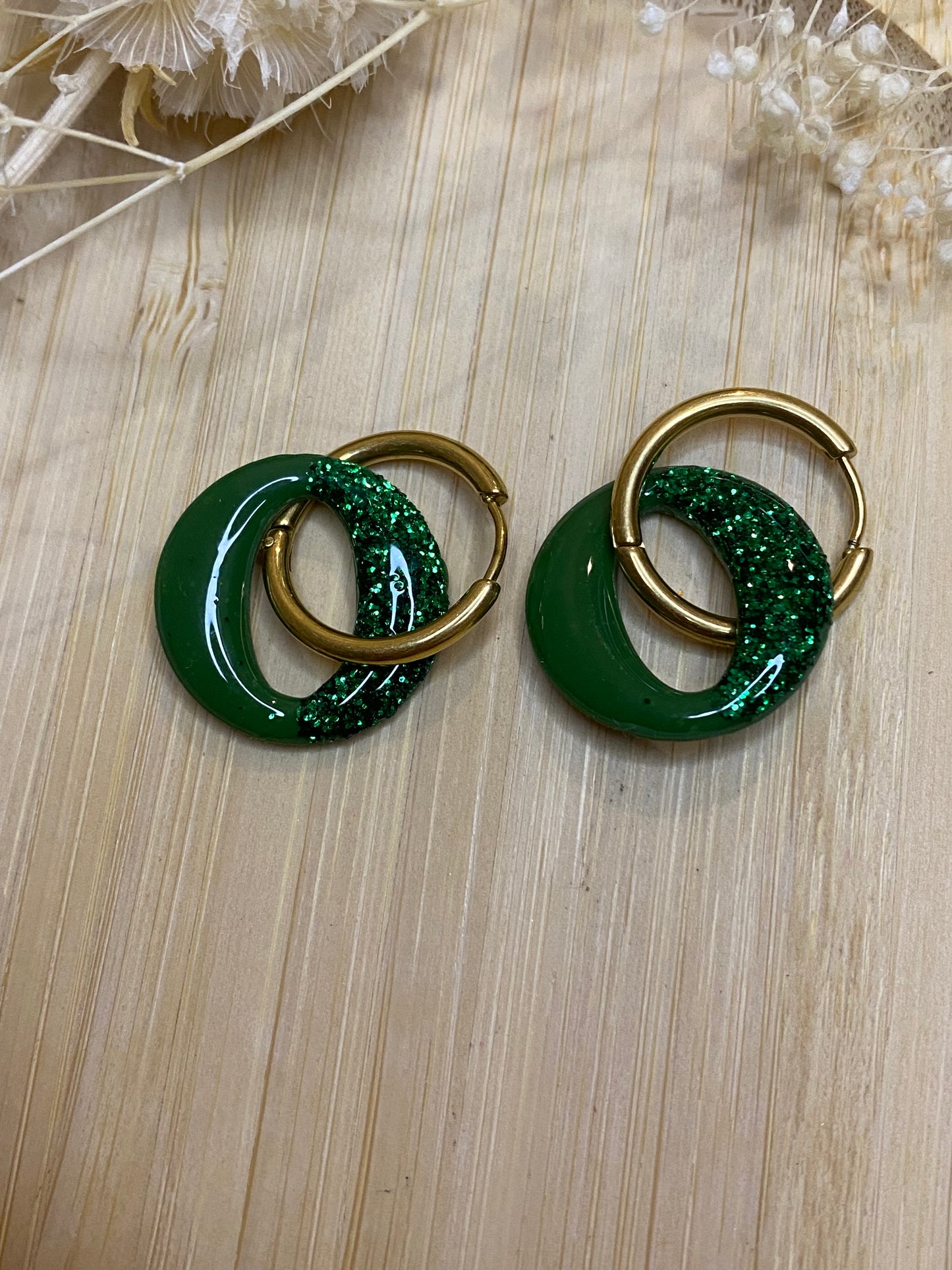 Pampilles rondes 20mm vert et paillettes