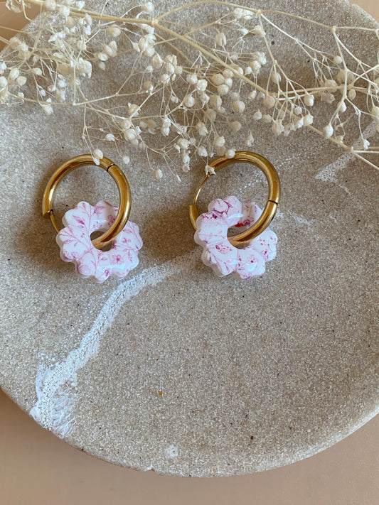 Pampilles mini fleurs 17mm blanc motifs rose