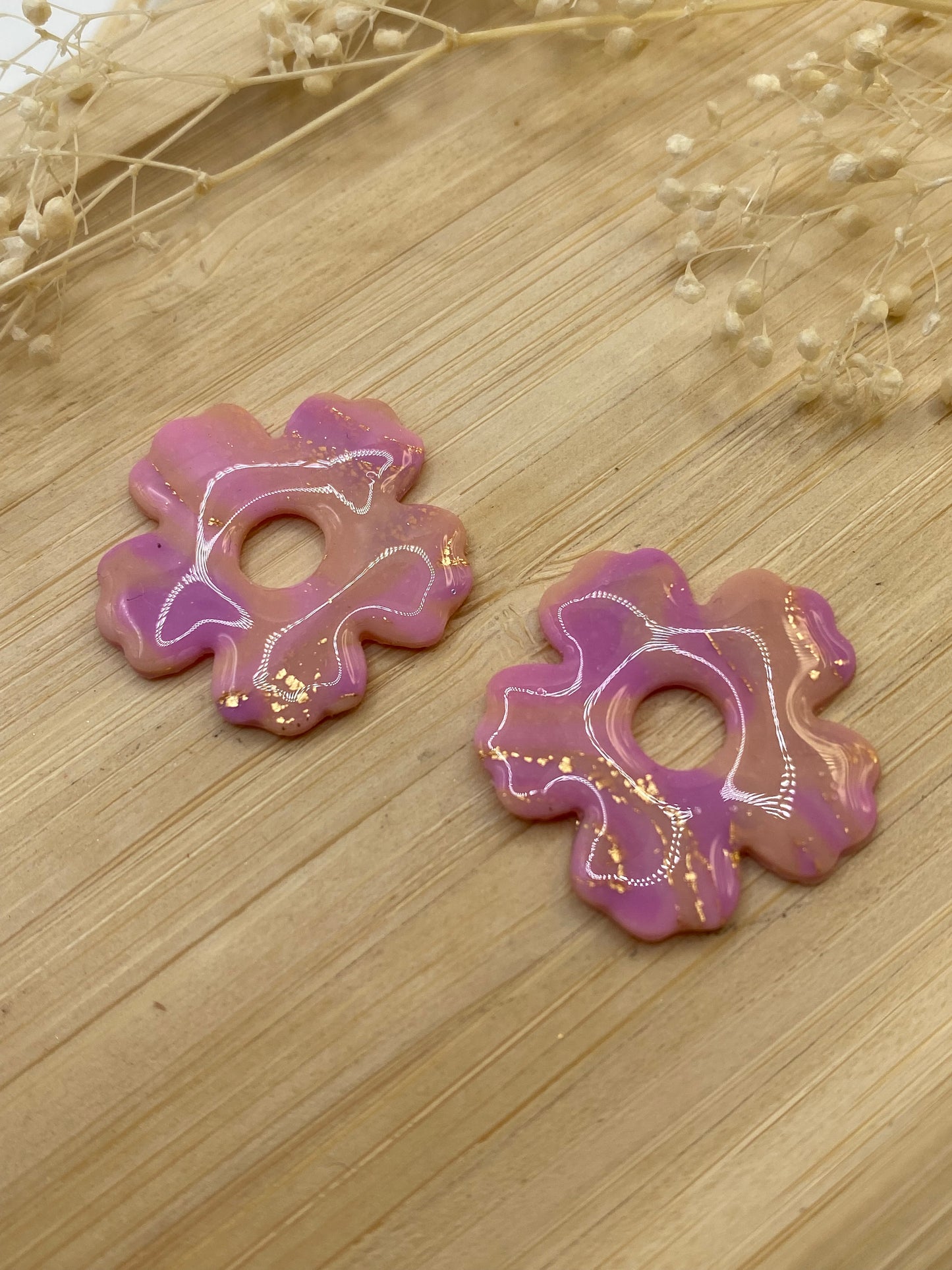 Pampilles fleurs 25mm rayé rose violet or