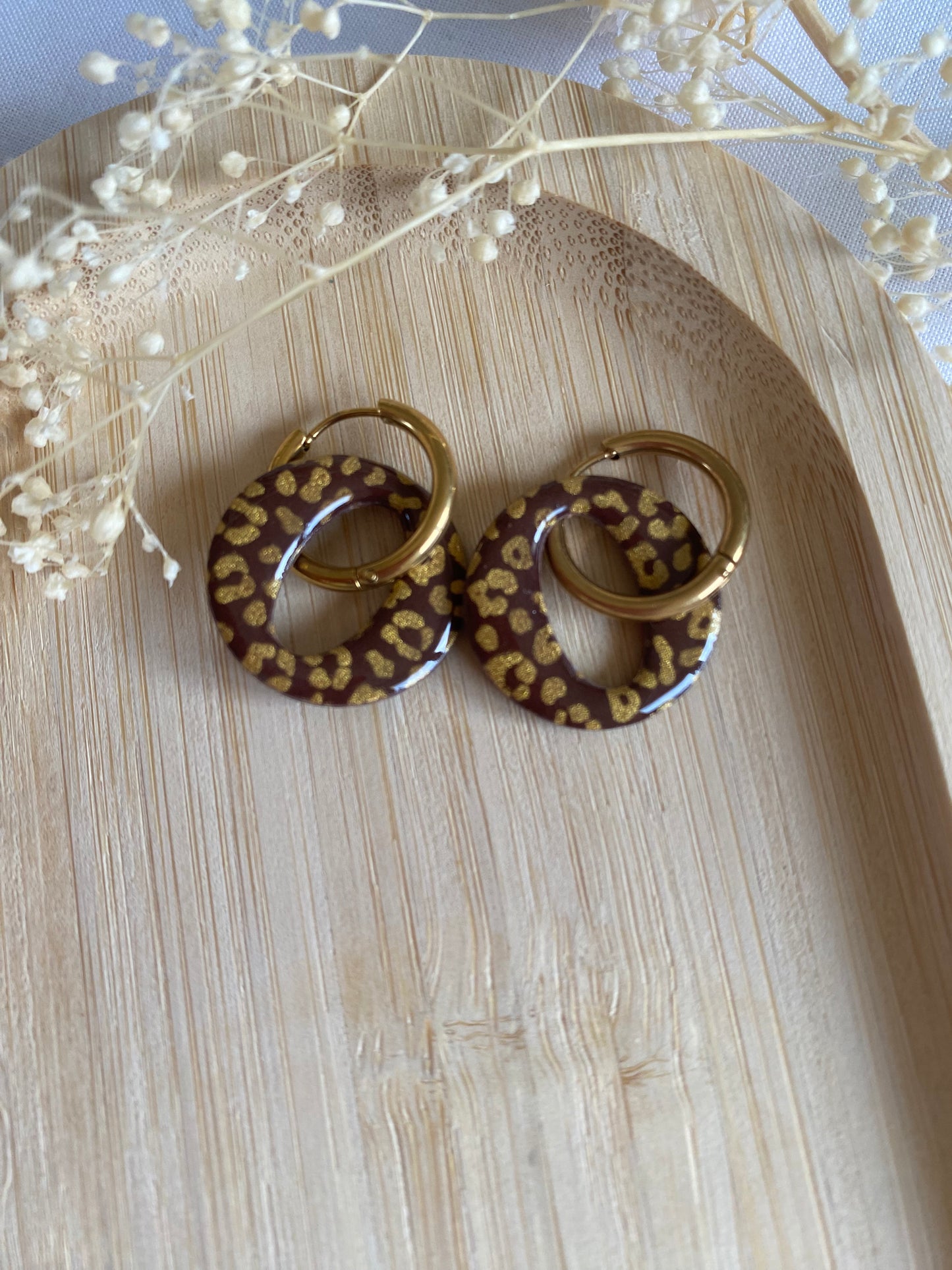 Pampilles rondes 20mm chocolat léopard or