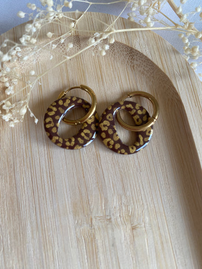 Pampilles rondes 20mm chocolat léopard or