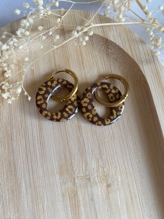 Pampilles rondes 20mm chocolat léopard or