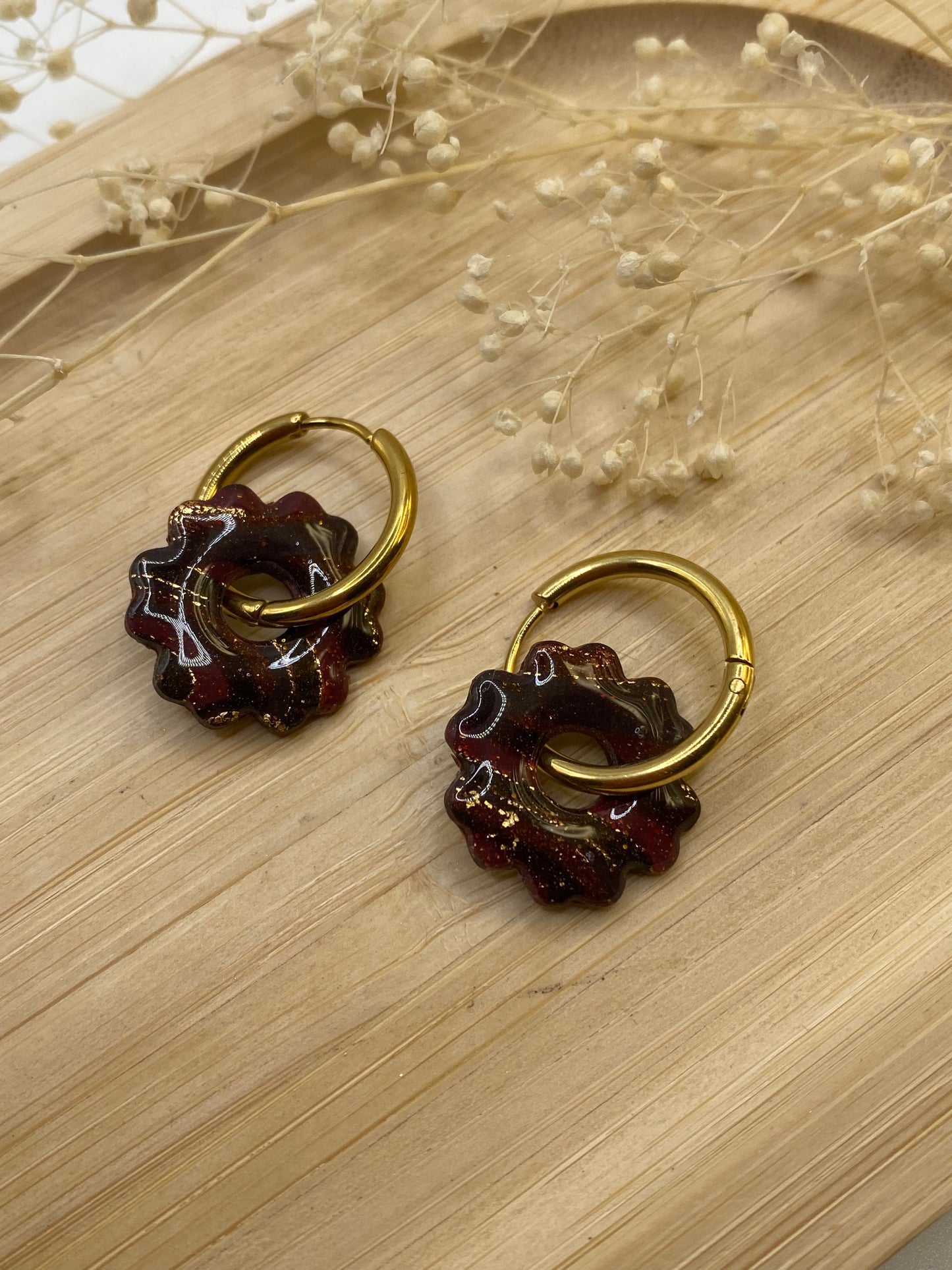 Pampilles mini fleurs 17mm bordeaux noir or