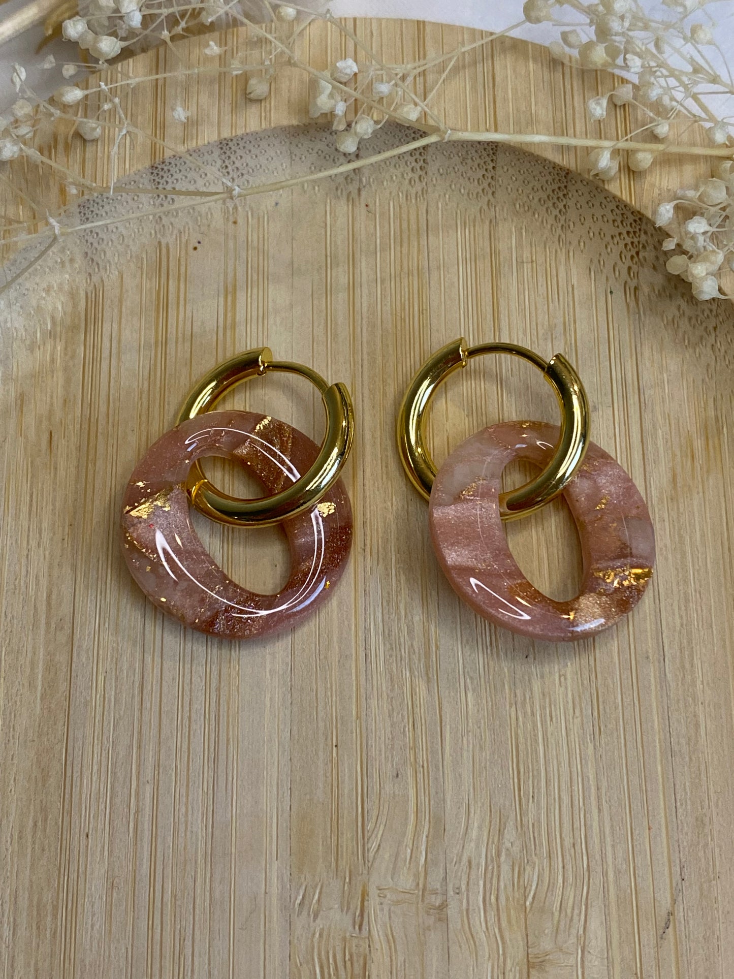 Pampilles rondes 20mm marbré rose or bronze