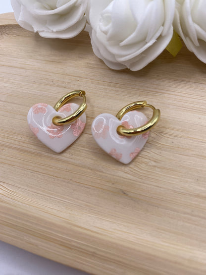 Pampilles coeur blanc motif fleurs rose gold