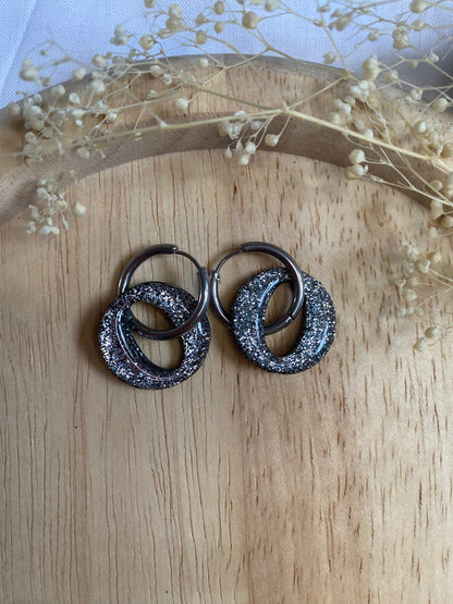 Pampilles rondes 20mm noir paillettes argent