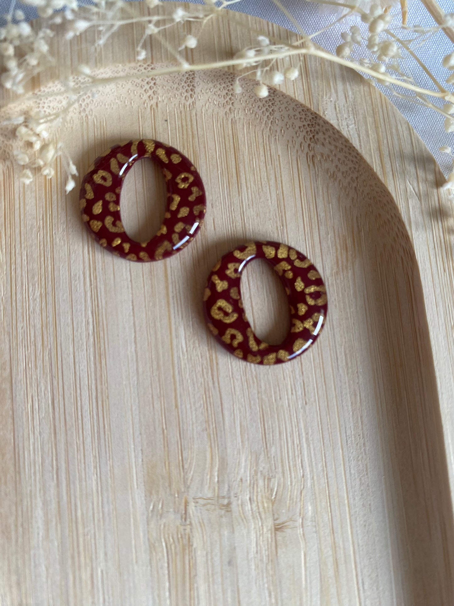 Pampilles rondes 20mm bordeaux léopard or