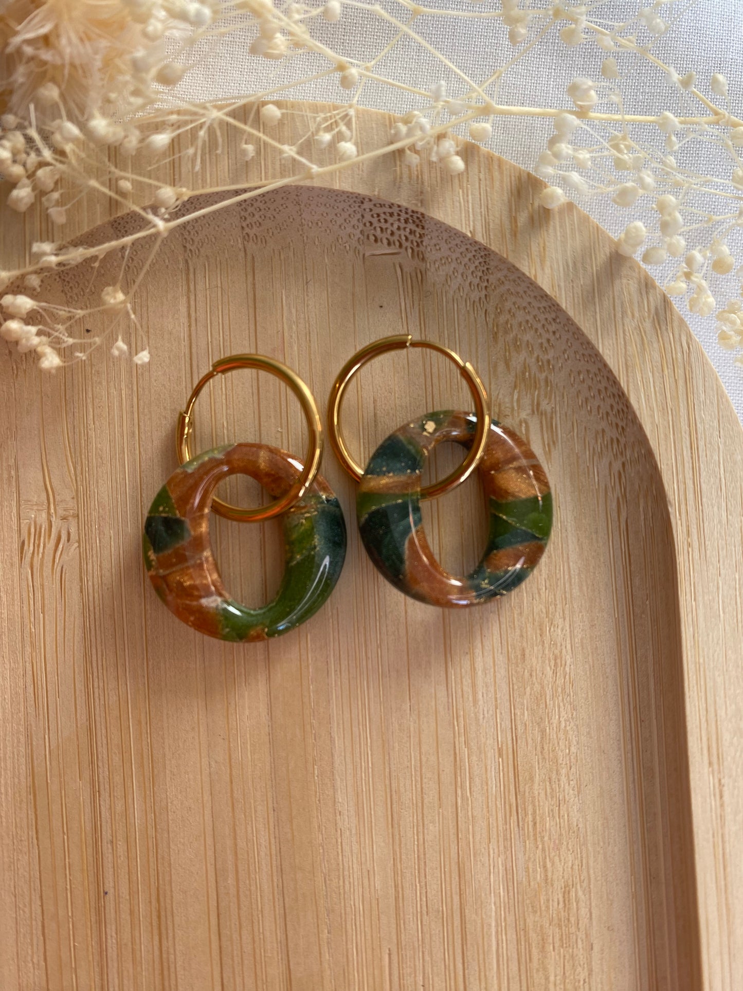 Pampilles rondes 20mm marbré vert or bronze