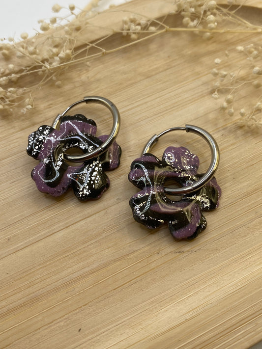 Pampilles fleurs 25mm rayé noir violet argent