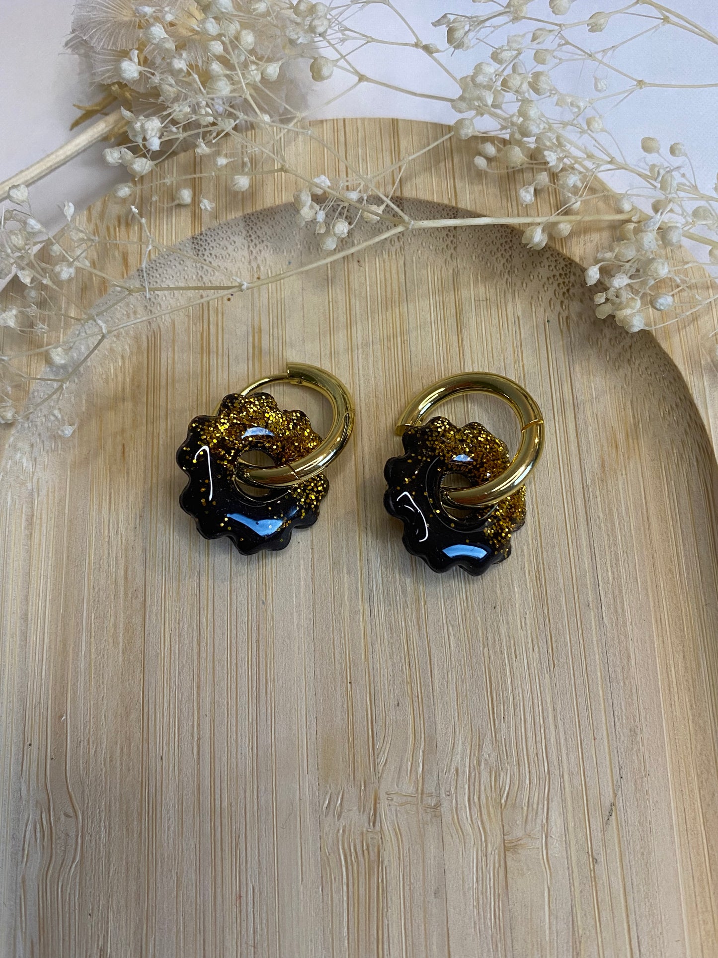 MPampilles mini fleurs 17mm noir paillettes or