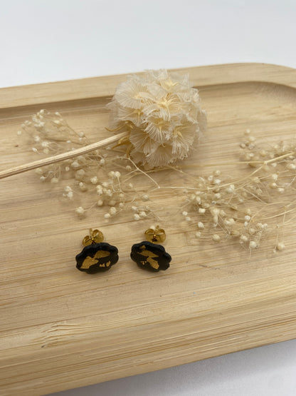 Puces d'oreilles fleurs noir  et or