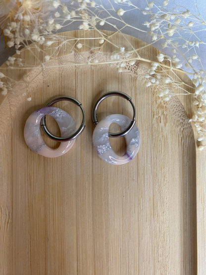 Pampilles rondes 20mm marbré violet rose argent