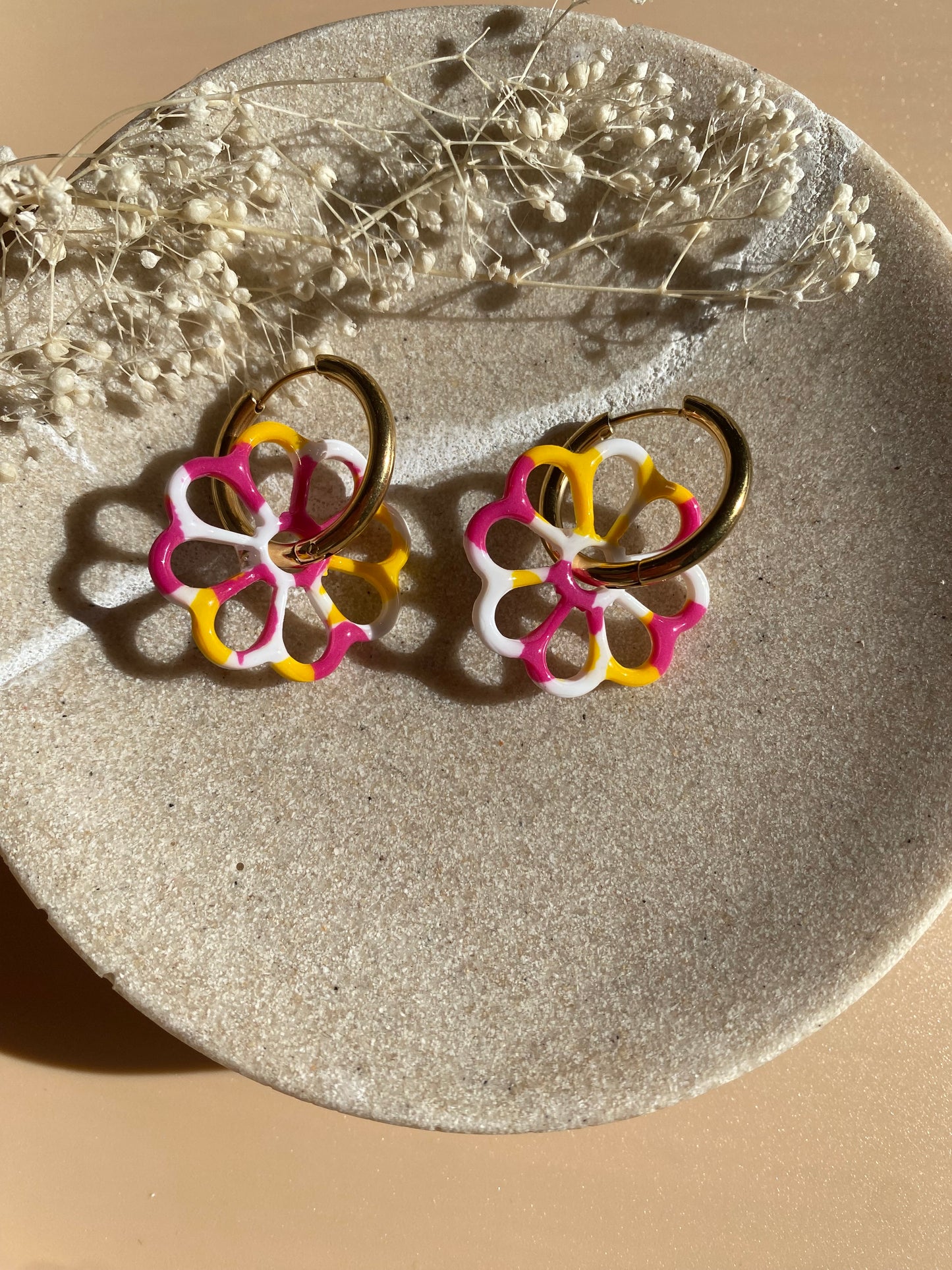 Pampilles Margot 25mm jaune fuchsia et blanc