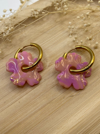 Pampilles fleurs 25mm rayé rose violet or